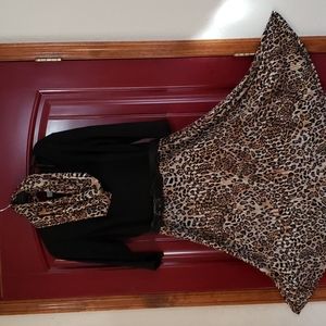 Leopard print sweater dress with belt and detachable scarf.